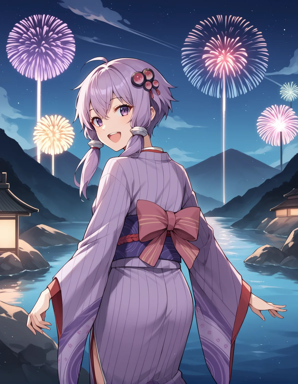 score_9, score_8_up, score_7_up, score_6_up, score_5_up, score_4_up, source_anime, rating_safe, BREAK<lora:yukariXL_LoRA-C3Lier_AdamW_Dim16_Alpha16_UN-3e-4_TE-1.5e-4_10batch_ponyDiffusionV6XL_v6StartWithThisOne:1>, yuzuki yukari, 1girl, short hair with long locks, purple hair, purple eyes, small breasts, hair ornament, purple yukata, kimono, japanese clothes,long sleeves,wide sleeves, looking back, happy, from behind, fireworks, night, night sky, river, mountainous horizon, cloud