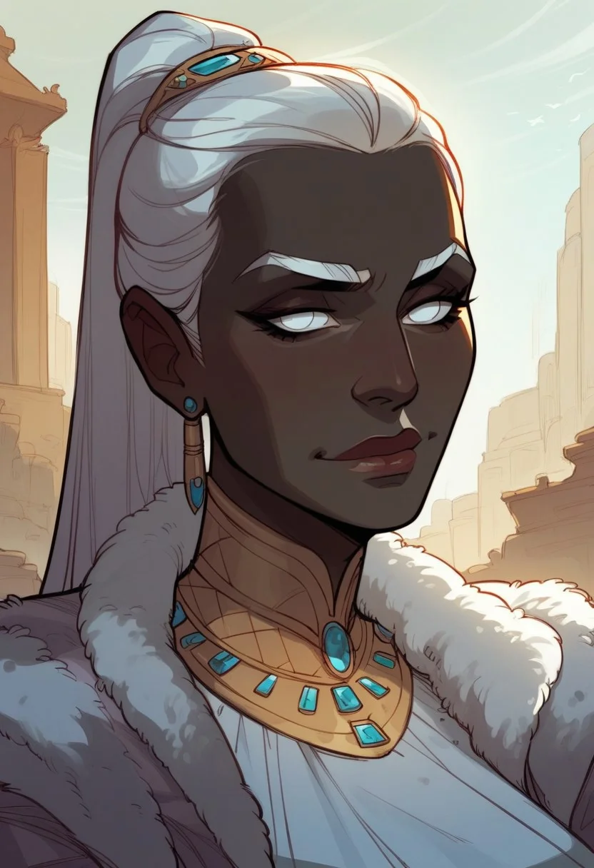 score_9, score_8_up, score_8, score_7_up, score_7, score_6_up, score_6, score_5_up, Score_5,human female, obsidian black skin, onyx black skin, round eyes, white eyes, small eyes, beautiful face, aesthetic face, narrow face, narrow nose, long nose, round ears, white eyebrows, long white hair, high ponytail, very tall, curvy, elegant, royal, aristocratic, majestic, chin up, seductive smile, slender. Silver jewelries. White jewelries. Blue jewelries. Lots of jewelries. White bracers, tight white dress,, vox machine style, 1girl, female focus, solo, portrait, background of snow-covered landscape, fantasy, (dynamic lighting:1.1)
((masterpiece))