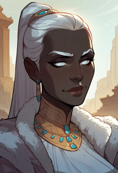 score_9, score_8_up, score_8, score_7_up, score_7, score_6_up, score_6, score_5_up, Score_5,human female, obsidian black skin, onyx black skin, round eyes, white eyes, small eyes, beautiful face, aesthetic face, narrow face, narrow nose, long nose, round ears, white eyebrows, long white hair, high ponytail, very tall, curvy, elegant, royal, aristocratic, majestic, chin up, seductive smile, slender. Silver jewelries. White jewelries. Blue jewelries. Lots of jewelries. White bracers, tight white dress,, vox machine style, 1girl, female focus, solo, portrait, background of snow-covered landscape, fantasy, (dynamic lighting:1.1)
((masterpiece))