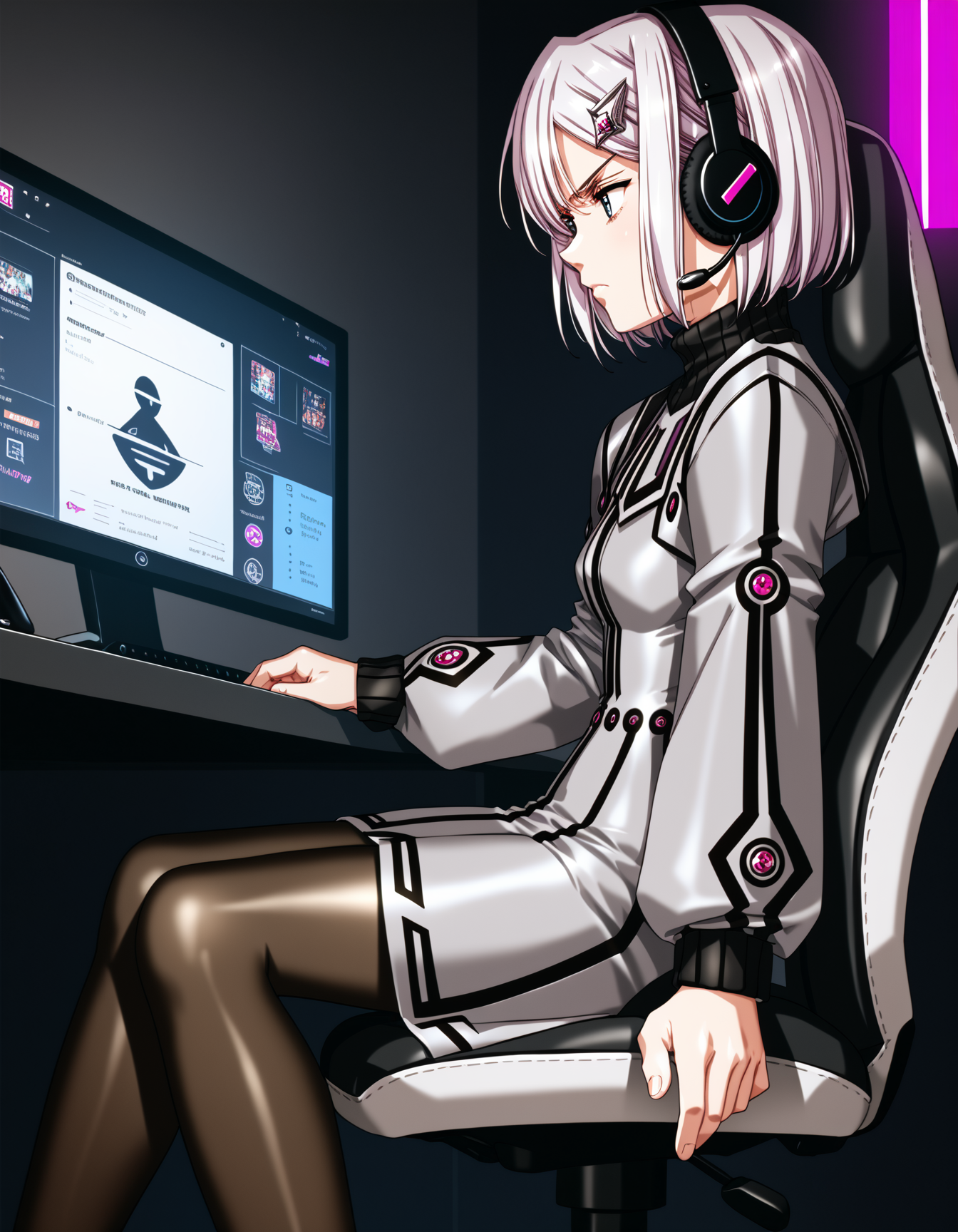 score_9,  score_8_up, score_7_up <lora:Urushihara Satoshi_XL_PONY_V2:0.4>
<lora:neilis-ponyxl-000024:1> neilis, hairclip, turtleneck, dress, grey dress, pantyhose,
1girl, solo, sitting, gaming chair, headset, looking at screen, from side, annoyed, computer, neon lights, cinematic lighting, bedroom