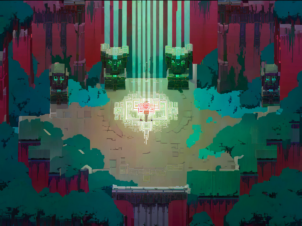 masterpiece, red cliff overlook, , lush forest, dilapidated temple, very intricate and detailed patterns, matte painting, aerial shot, volumetric light, auras, godrays of sunlight, bright colors reflect, top down pixel art, video game level design,  <lora:HyLidR_LoRa:0.8>