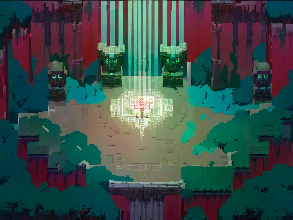 masterpiece, red cliff overlook, , lush forest, dilapidated temple, very intricate and detailed patterns, matte painting, aerial shot, volumetric light, auras, godrays of sunlight, bright colors reflect, top down pixel art, video game level design,  <lora:HyLidR_LoRa:0.8>