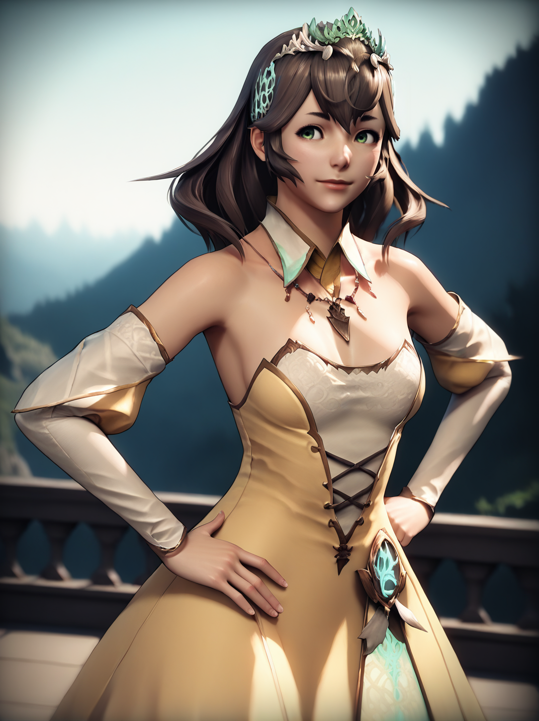 score_9, score_8_up, score_7_up,,
, dynamic pose, dynamic angle, one hand on hips, v, leaning forward, light smile, cowboy shot, dutch angle, medium breasts, valley, sky blue, warm light,
 <lora:AQueenSphene_character:1>, realistic, 3d, SpheeXL, green eyes, brown  hair, jewelry, hair ornament, long hair, tiara, necklace, detached sleeves, detached collar, thighhighs, yellow dress, dress,