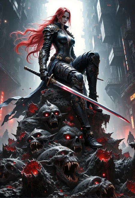 A fierce and confident female cyberpunk warrior crouches atop a towering pile of severed orc heads, her sleek high-tech armor infused with elegant medieval elements. She holds a large katana with a glowing, vibrant blade, casually positioned in her hand, exuding effortless dominance. Her long red hair with black tips flows dramatically, framing her piercing, confident gaze. The scene is set in a dystopian cyberpunk cityscape, with neon lights and holograms illuminating the darkness. Soft sun rays pierce through the haze, casting a mystical glow over the warrior and her gruesome throne, highlighting the raw survival and precision of this cybernetic battlefield. <lora:Dever_Flux_Enhancer.safetensors:0.5>, <lora:artisketchyfs-v02.safetensors:0.5>, <lora:Elden_Ring_-_Yoshitaka_Amano.safetensors:0.8>, <lora:black_fantasy.safetensors:0.5>,