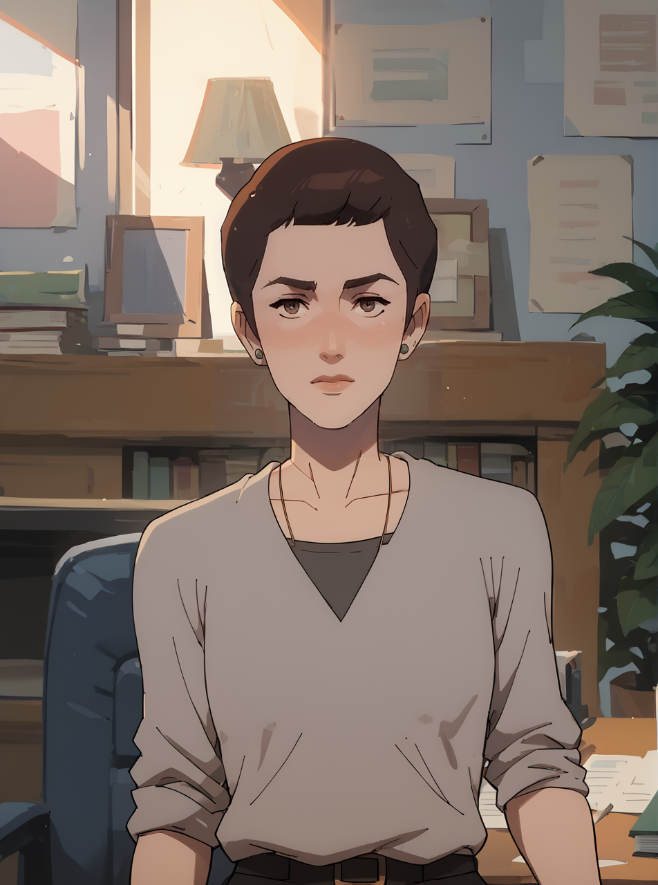 score_9, score_8_up, score_7_up, 1girl, short hair, cartoon, looking at viewer, <lora:ellenkpxl:1>, ellenkpxl, brown hair, grey top,  2d, office, pants, best quality, black undershirt,