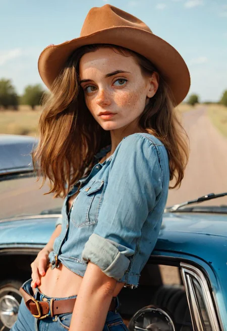 cowboy girl stops a car in Texas, Film style photography, photo taken on fujifilm camera, Tuvakina, Nastya Tuvakina, freckles, Disney, Cartoon, Brown eyes.