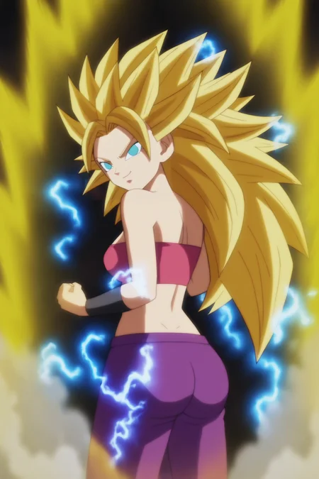 source_anime, score_9, score_8_up, score_7_up, anime screencap,8k, absurd res,
caulifla, super saiyan 3, very long hair, no eyebrows, 1girl, solo, long hair, breasts, looking at viewer, blue eyes, blonde hair, bare shoulders, medium breasts, closed mouth, ass, midriff, looking back, puffy pants, from behind, pink tube top, spiked hair, electricity, tube top, aura, purple pants, smoke, v-shaped eyes
<lora:caulifla_pony_v2:0.8>