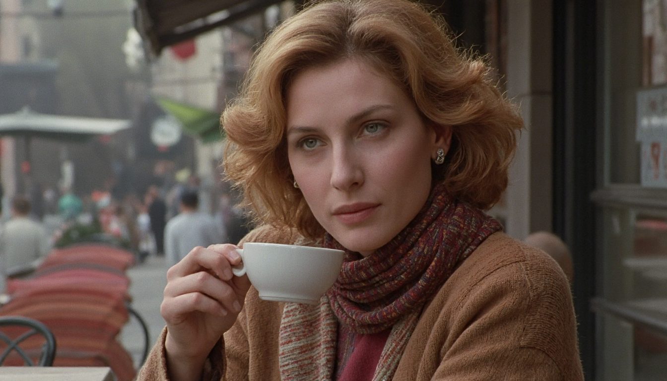 cinematic medium shot of a 60 y.o. woman sitting outside on a cafe terrace, sipping coffee. Very well dressed in autumn clothes with a shawl around her neck, sophisticated impression. Warm natural light. High resolution. 1980s movie <lora:dark_cinematic-000080:1>
