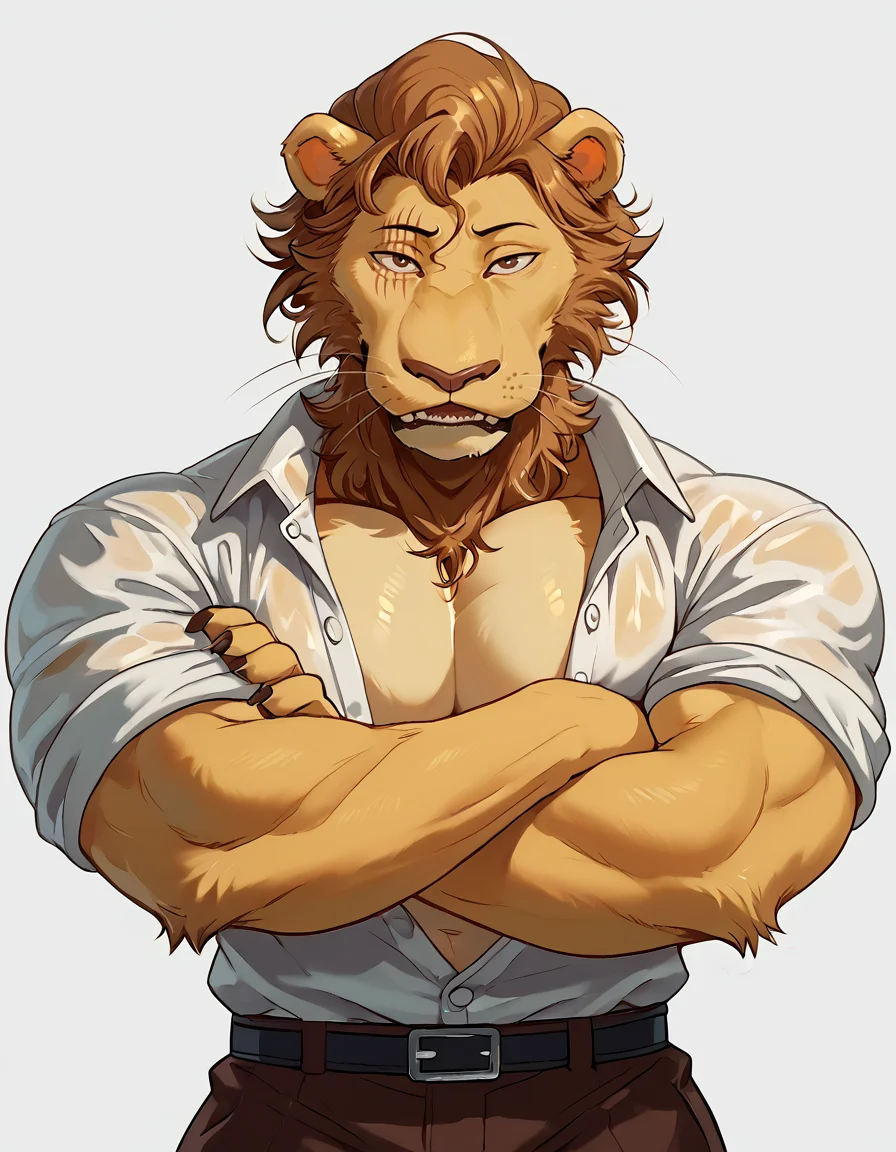 zPDXL3, <lora:Free_The_Lion_Beastars_PDXL:1> Free The Indian Lion_(Beastars), three-quarter portrait, by darkgem, by sollyz, male focus, 1boy, solo, furry male, brown hair, scar, cute anthro furry lion male, cute face, looking at viewer, muscular man, big pecs, huge biceps , dress shirt, slacks, arms crossed, bara, unbuttoned shirt, bulging muscles, <lora:Shoegaze_Style_Pony:0.5> <lora:SollyzStyle:0.5> <lora:1dkXLP:0.35> <lora:detailed_notrigger:1> <lora:hand 4:1> <lora:Darkgem_Style_Lora:0.65> <lora:Expressive_H:1>