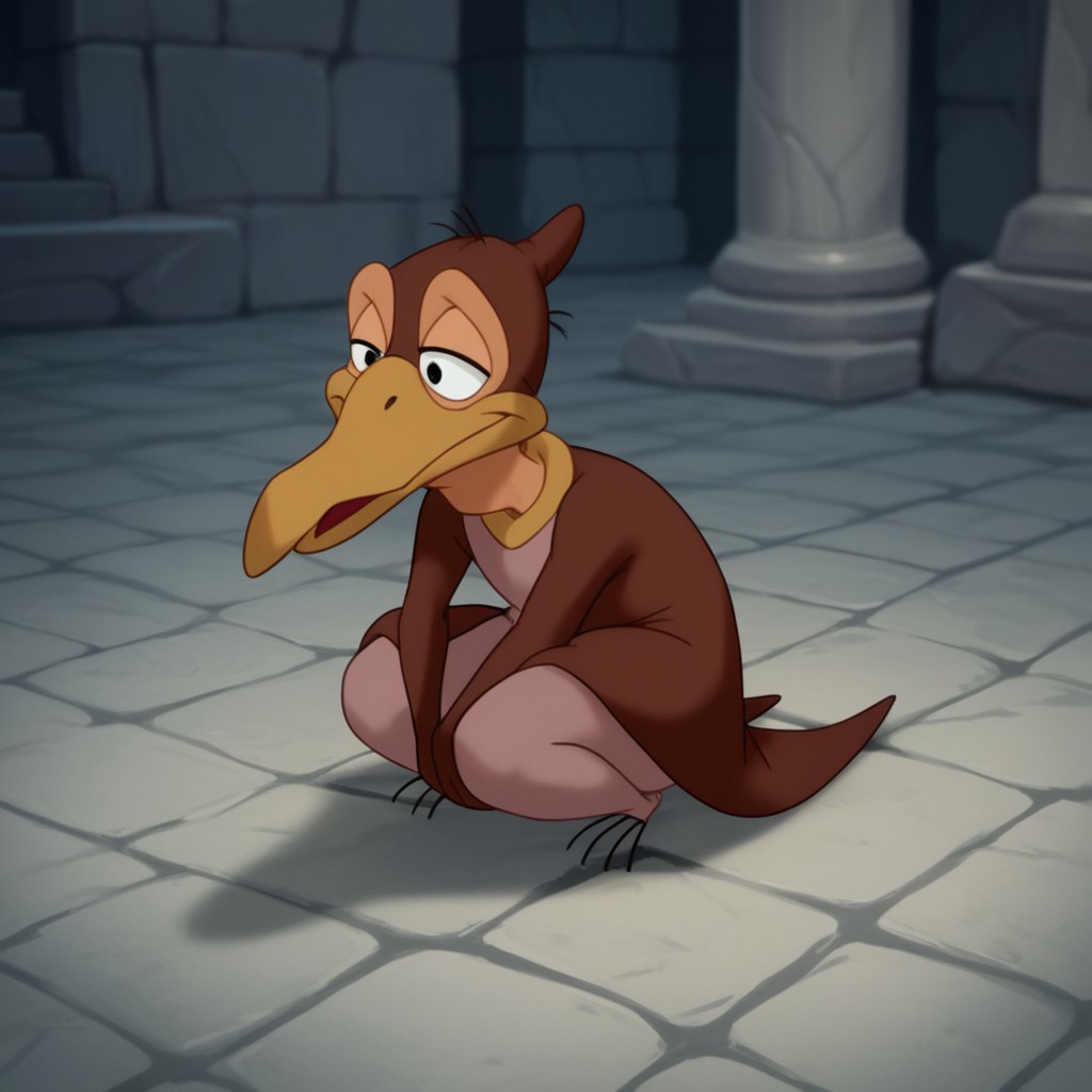 score_9, score_8_up, score_7_up, score_6_up, source_furry, Petrielbtv2, feral, male, Pteranodon, brown skin, black eyes, membranous wings, winged arms, squatting, arms between legs, head turned, stone floor,