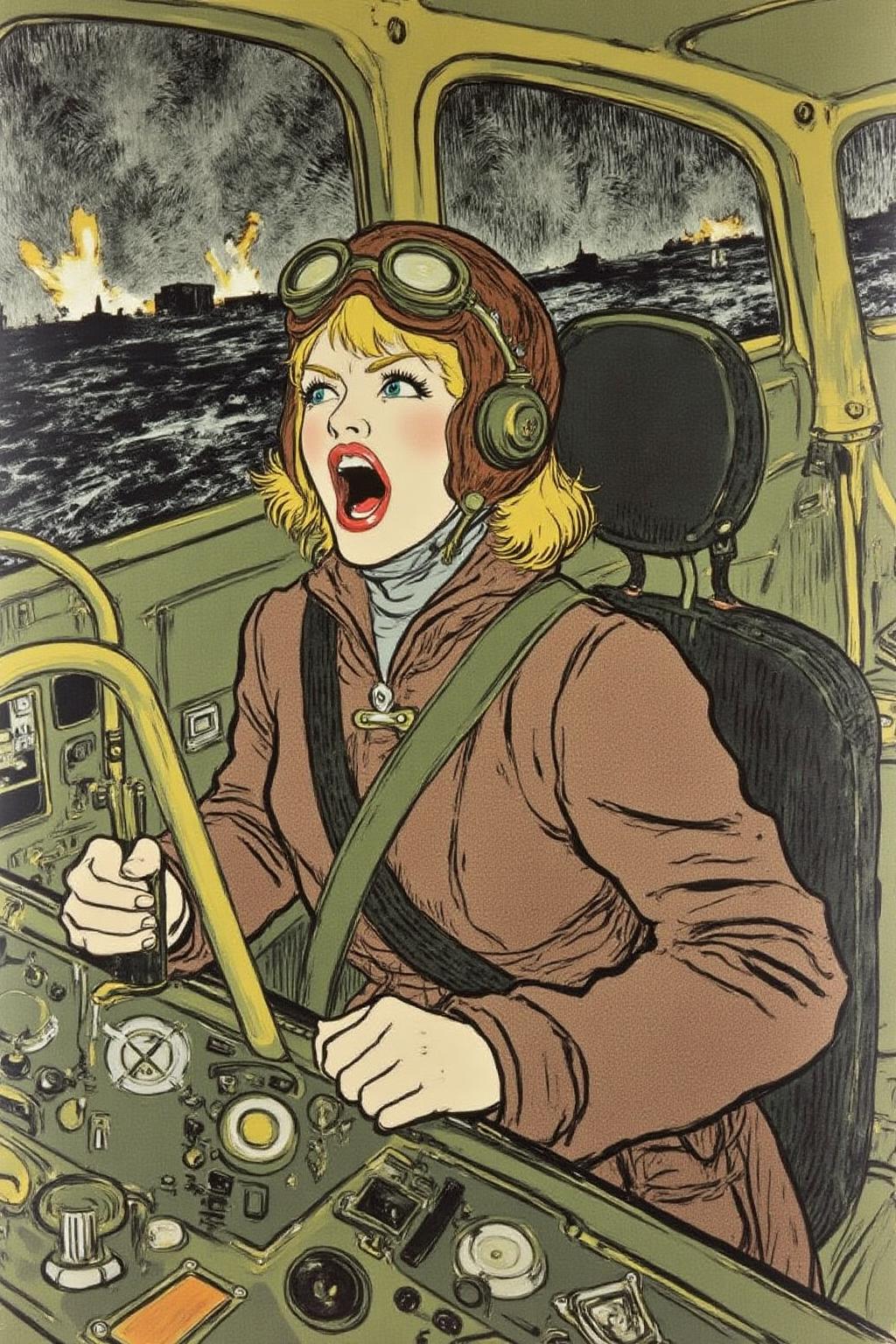 lautrec1 illustration rendered in a stylized, Art Nouveau style typical of the era, with a pastel color palette dominated by shades of green, yellow, and brown. 
A female pilot screaming inside the cockpit of a WWII bomber. The pilot, wearing a vintage leather flight helmet with goggles and a brown bomber jacket, grips the controls with white-knuckled hands. Her face is contorted in a mix of fear and determination as she yells, her eyes wide with adrenaline. The cockpit is cramped and filled with old-fashioned dials and gauges, with the outside view showing dark stormy clouds and distant anti-aircraft fire. The scene is lit by the eerie glow of the instrument panel, casting harsh shadows across her face, emphasizing the intensity and danger of the moment. High contrast, dynamic composition, gritty and realistic, with a cinematic feel.
 <lora:lautrec1_cap_d6a3e11:1.0><lora:810962539564421253:0>