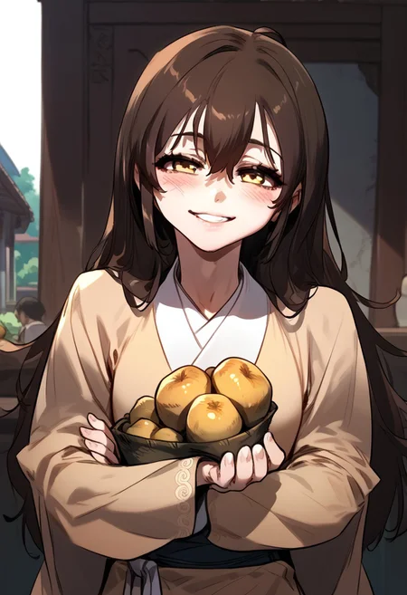 zPDXL3, score_9_up, score_8_up, score_7_up, (Anime_source), 1girl, WiSeol-Ah, amber eyes, brown hair, long hair, servant clothes, parted lips, smile, little blush, half closed eyes, looking at viewer, from side, food on mouth, holding potatoes, crossed arm