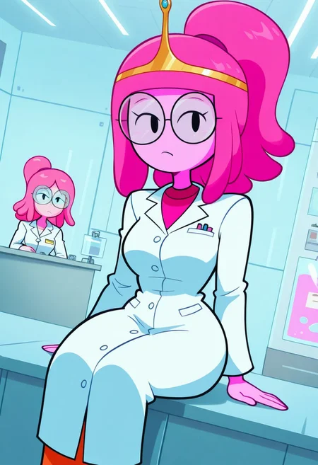 , beautiful shadows,cartoony style,high res, extremely detailed, beautiful lighting, beautiful shadows, beautiful background, laboratory, Bonnibel, labcoat, white scientist coat, glasses, ponytail, pink hair, pink skin, , straight hair, tiara,, sitting, beautiful clothes, dynamic angle, side angle