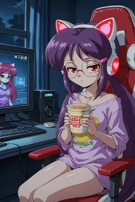 detailed background, shiny skin, posing,
<lora:etoran.il:1>,
etoran,
night, sitting, gaming chair, flickering monitor,
loose shirts, half-closed eyes, glowing headphone,
dark, dark atmosphere, shadow,
looking at viewer, cup noodle,, purple very long hair, low pigtails,
red eyes, glasses, hairpin, cat headphones,
medium breasts,