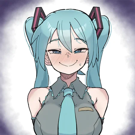 masterpiece, best quality, amazing quality, very aesthetic, absurdres, newest,
<lora:Zlixon_style_ILLUST-000006:0.95> zlix0n,
1girl, solo, hatsune miku, blue eyes, blue hair, long hair, long twintails, hair ornament,
vocaloid, large breasts, aqua necktie, aqua trim, bare shoulders, leotard,
blush, smile, looking at viewer,