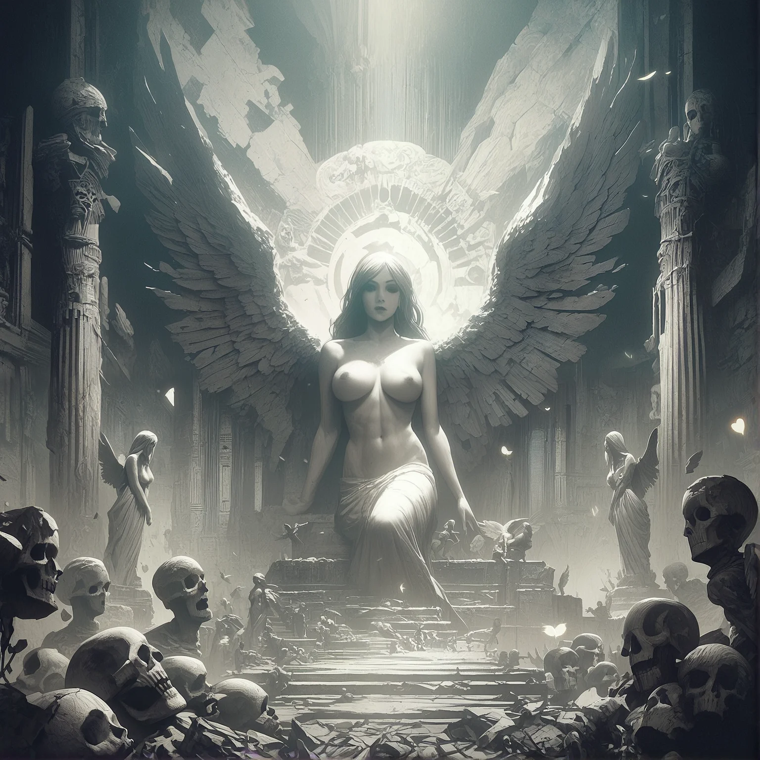 score_9_up, score_8_up, score_7_up, score_6_up, score_5_up, gothic, digital illustration, flat colors, line art, heavy film grain, fallen angel statue, woman, pretty, large bare breasts, marble, broken wings, skeletons, ancient ruins, vast barren landscape, dark atmosphere, eerie