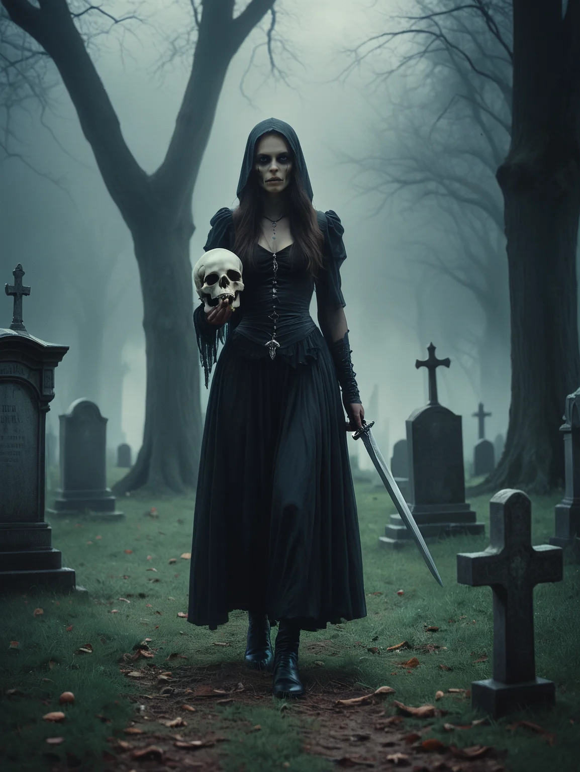 Epic fantasy. Atmospheric. Moody. Mistry.
A woman holding a skull in one hand and a dagger in the other. She stands in a cemetery, daring anyone to approach her.
<lora:Aeristhal01_CE_XL_200-OT:0.4> aersthlCE_style