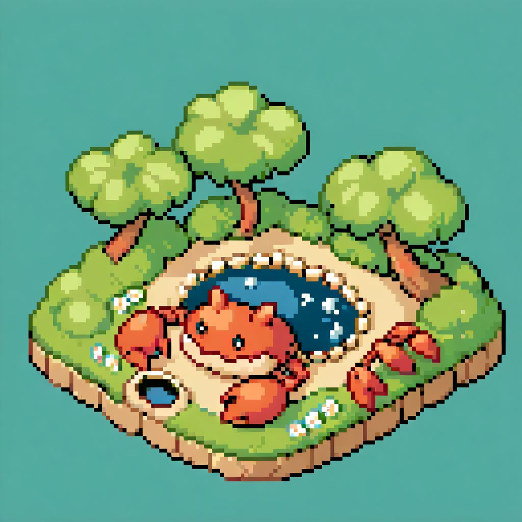 cute crab, Secret garden, well, river, zavy-ctsmtrc, isometric, art, simple background
