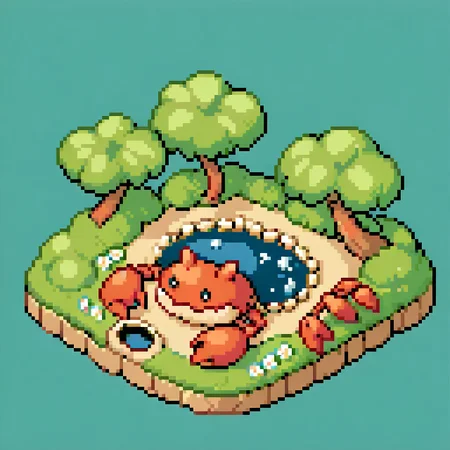 cute crab, Secret garden, well, river, zavy-ctsmtrc, isometric, art, simple background