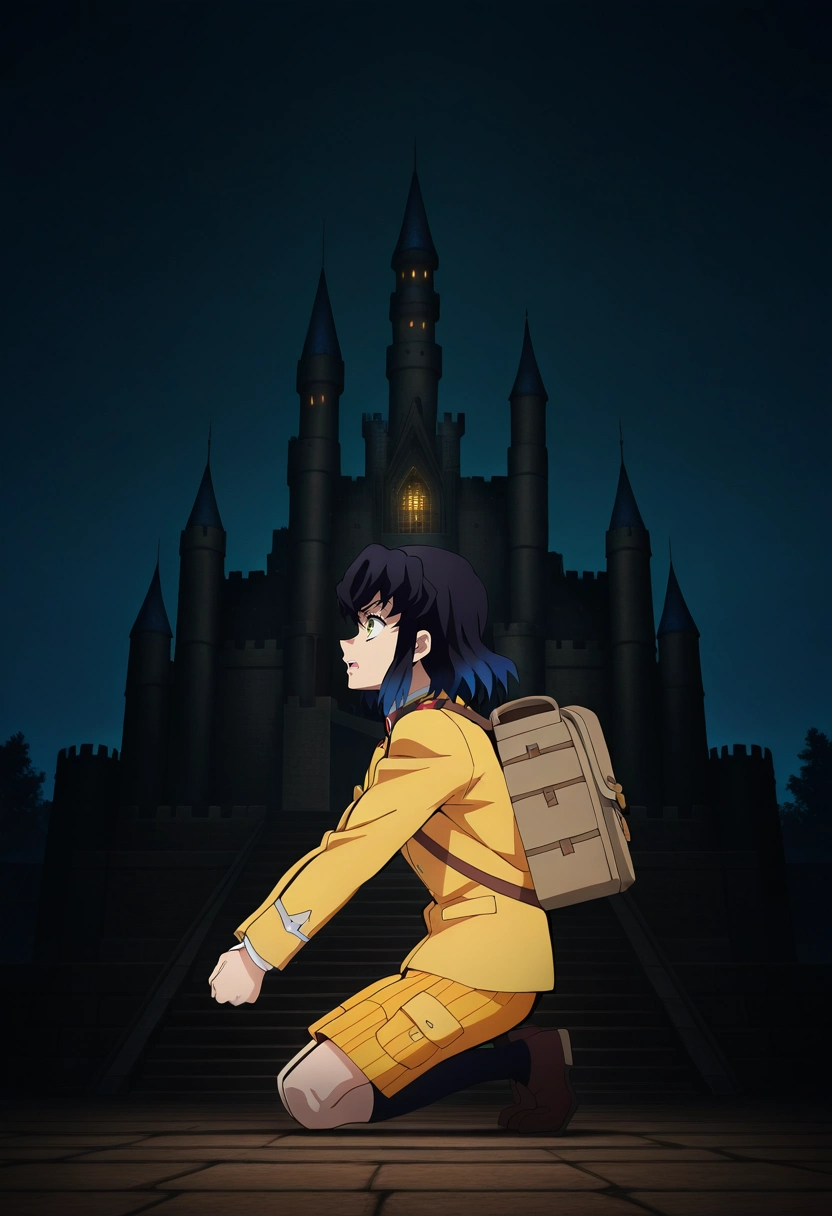 masterpiece, best quality, , anime screencap, anime coloring, official style, , 1boy, solo, male focus, <lora:inosuke_hashibira_ilxl:0.98>, inosuke_hashibira, , , profile, castle, dark, kneeling, speaking, talking, Damask Goldenrod Bermuda shorts, Suit jacket, , , Military Backpack and