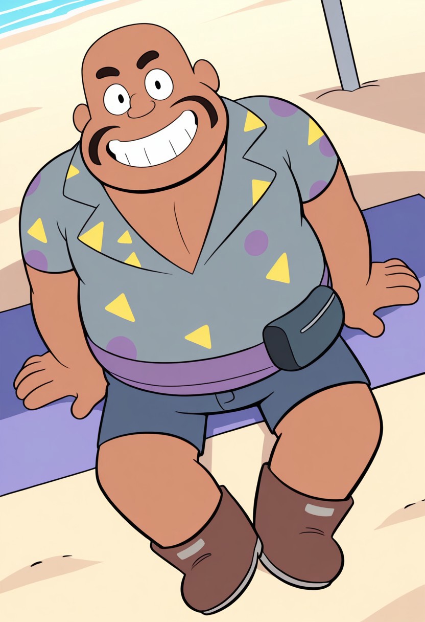 HaroldSmiley, 1boy, male focus, fat, black mustache, black eyes, bald, dark skin, gray-blue shirt, grin, brown boots, fanny pack, shorts, dynamic angle, sitting, in beach, looking at viewer