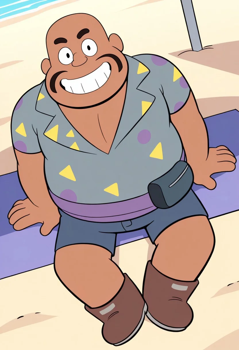 HaroldSmiley, 1boy, male focus, fat, black mustache, black eyes, bald, dark skin, gray-blue shirt, grin, brown boots, fanny pack, shorts, dynamic angle, sitting, in beach, looking at viewer