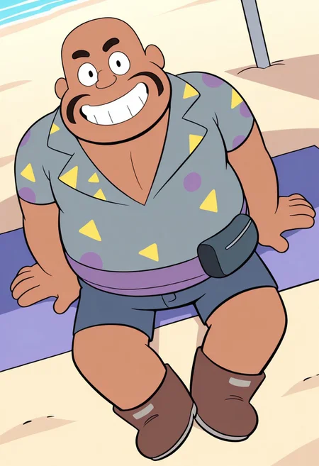 HaroldSmiley, 1boy, male focus, fat, black mustache, black eyes, bald, dark skin, gray-blue shirt, grin, brown boots, fanny pack, shorts, dynamic angle, sitting, in beach, looking at viewer