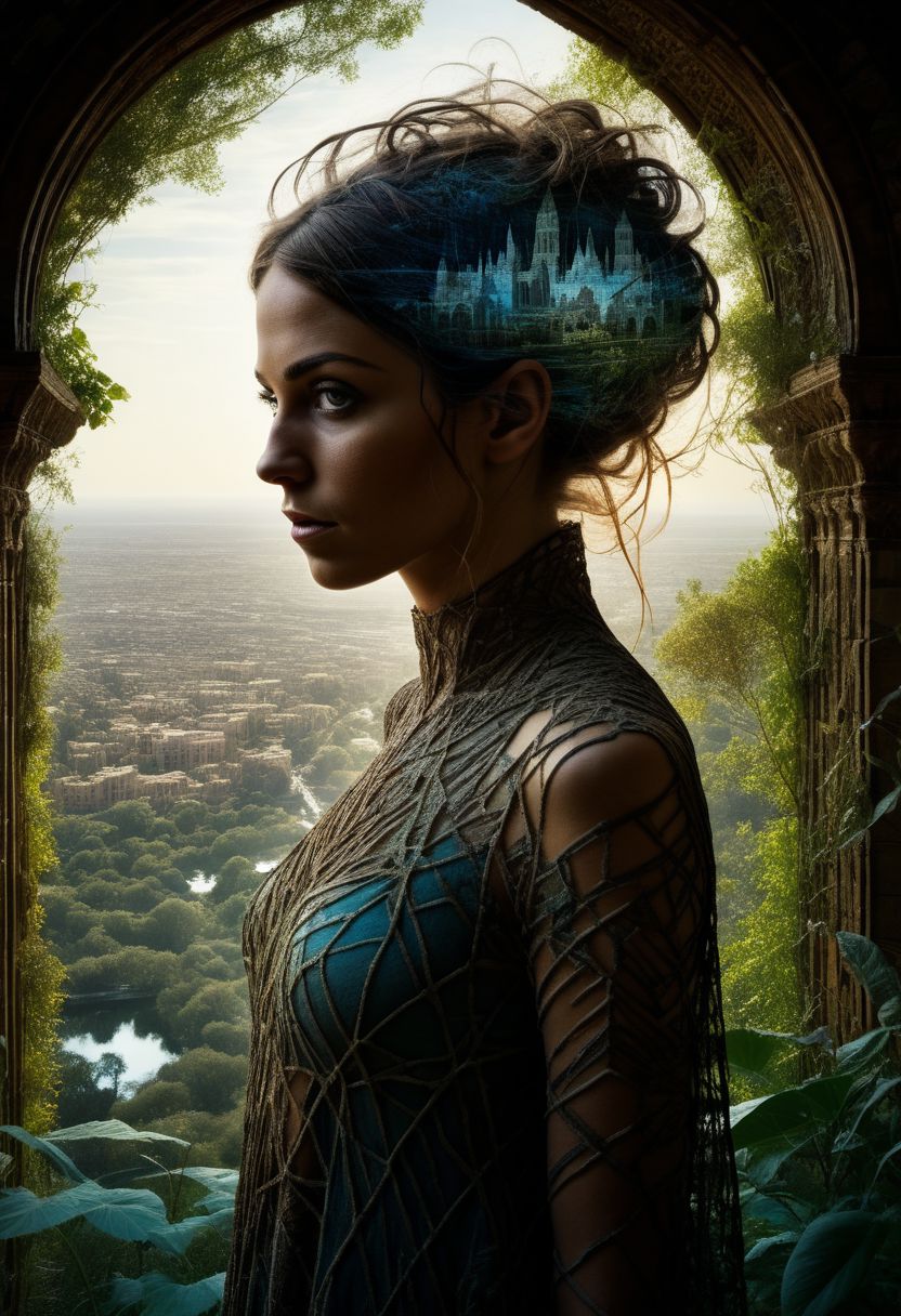 mysterious silhouette beautiful antique woman in a tunic, (hanging gardens of babylon), goddess, alluring, by Minjae Lee, Carne Griffiths, Emily Kell, Steve McCurry, Geoffroy Thoorens, Aaron Horkey, Jordan Grimmer, Greg Rutkowski, amazing depth, double exposure, surreal, geometric patterns, intricately detailed, bokeh,  perfect balanced, deep fine borders, artistic photorealism , smooth,  great masterwork by head of prompt engineering   <lora:add-detail-xl:2>  <lora:Double_Exposure:0.5> , very close-up,