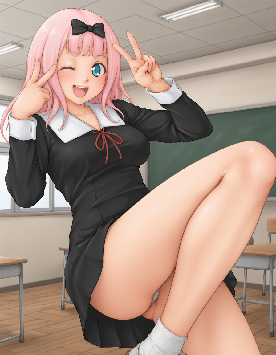 <lora:hebameki_Illustrious:1>hebameki
Fujiwara Chika, indoors, school, dynamic pose, wink, v sign, laughing, laugh
