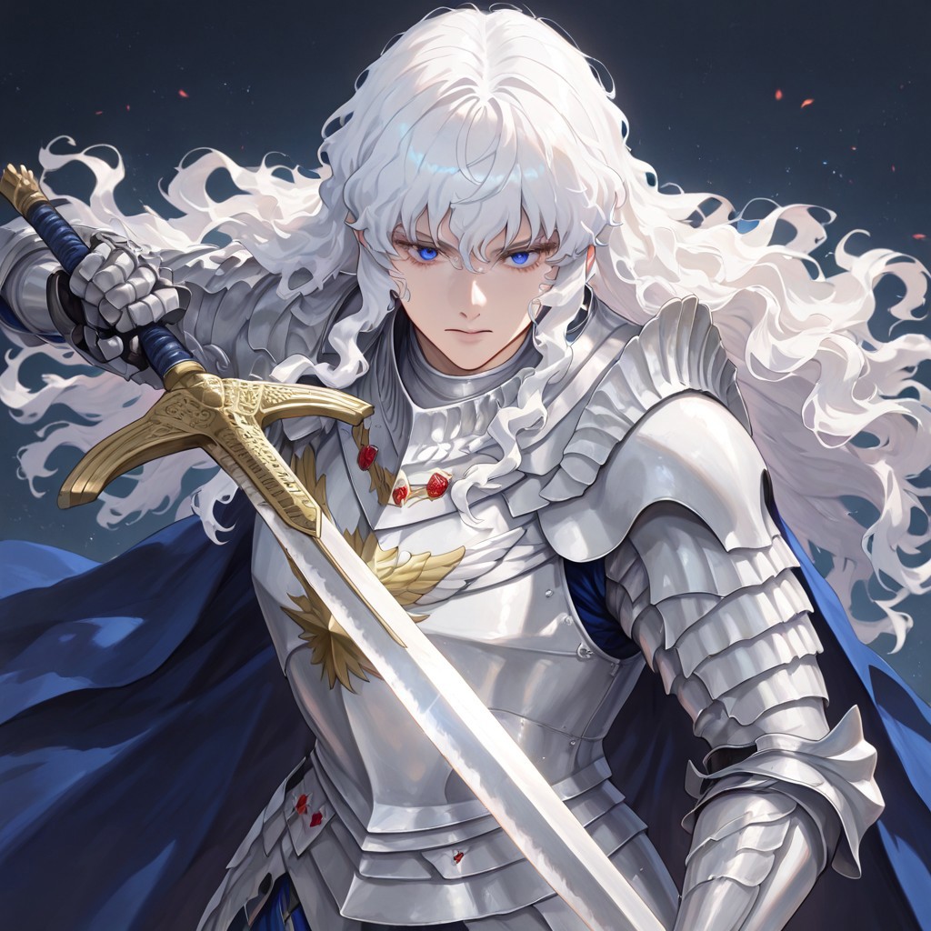 masterpiece, best quality, newest, absurdres, highres, 
DFV1.0 
1boy, griffith_(berserk), white hair, blue eyes, wavy hair, armor, 
holding, holding weapon, holding sword,