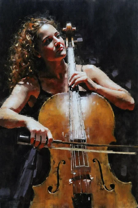 marklague1 painting.
A woman playing a cello. She has curly hair and is wearing a sleeveless dress. The cello is rendered in shades of brown, white, and black. The background is dark with some abstract shapes, highlighting the figure in the foreground. <lora:marklague1_cap_d8a4e12:1.0><lora:855117529582956353:0>