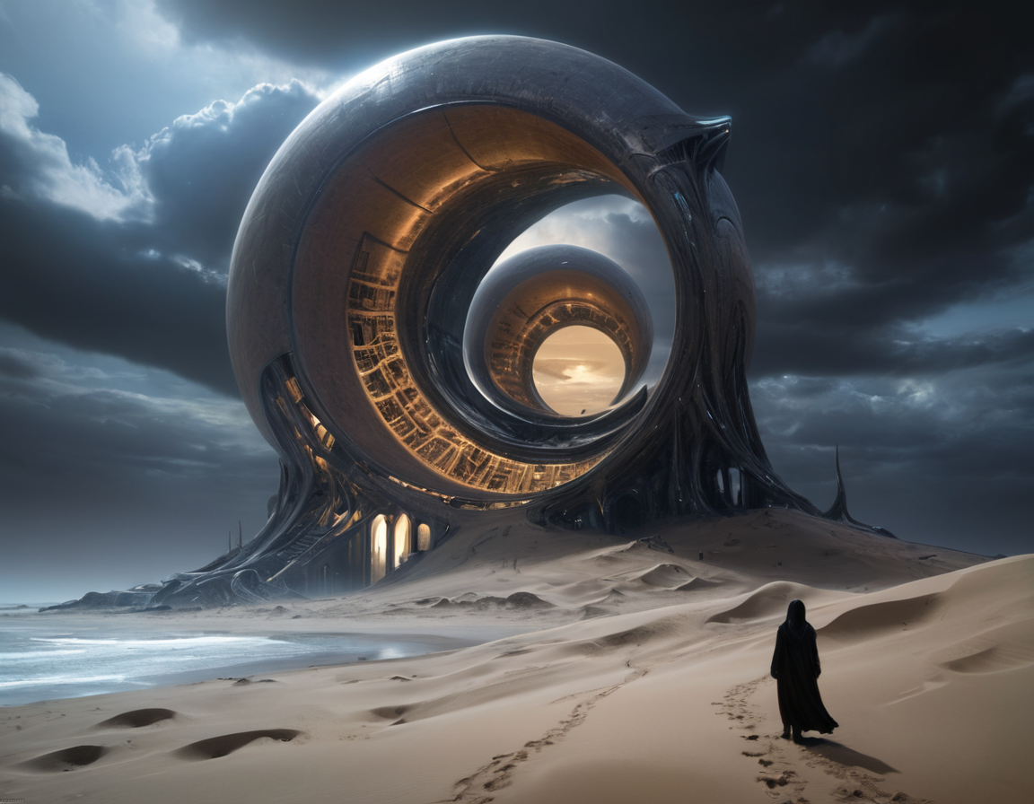 The alien world's boxy architecture seemed like a puzzle waiting to be solved, its intricate design speaking volumes about the intelligence and imagination of those who dared to build among the dunes, b3ks1n