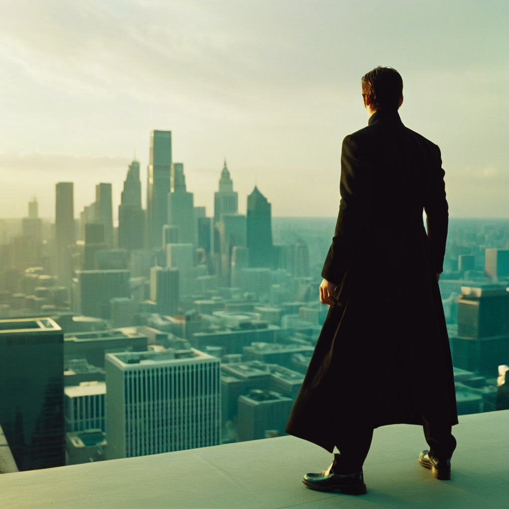 cinematic film still of  <lora:The Matrix Style:1>
neo, the one, flying, air, city, solo, 1boy, holding, standing, weapon, male focus, outdoors, from behind, building, scenery, science fiction, city, silhouette, cityscape, skyscraper The Matrix Style, shallow depth of field, vignette, highly detailed, high budget, bokeh, cinemascope, moody, epic, gorgeous, film grain, grainy