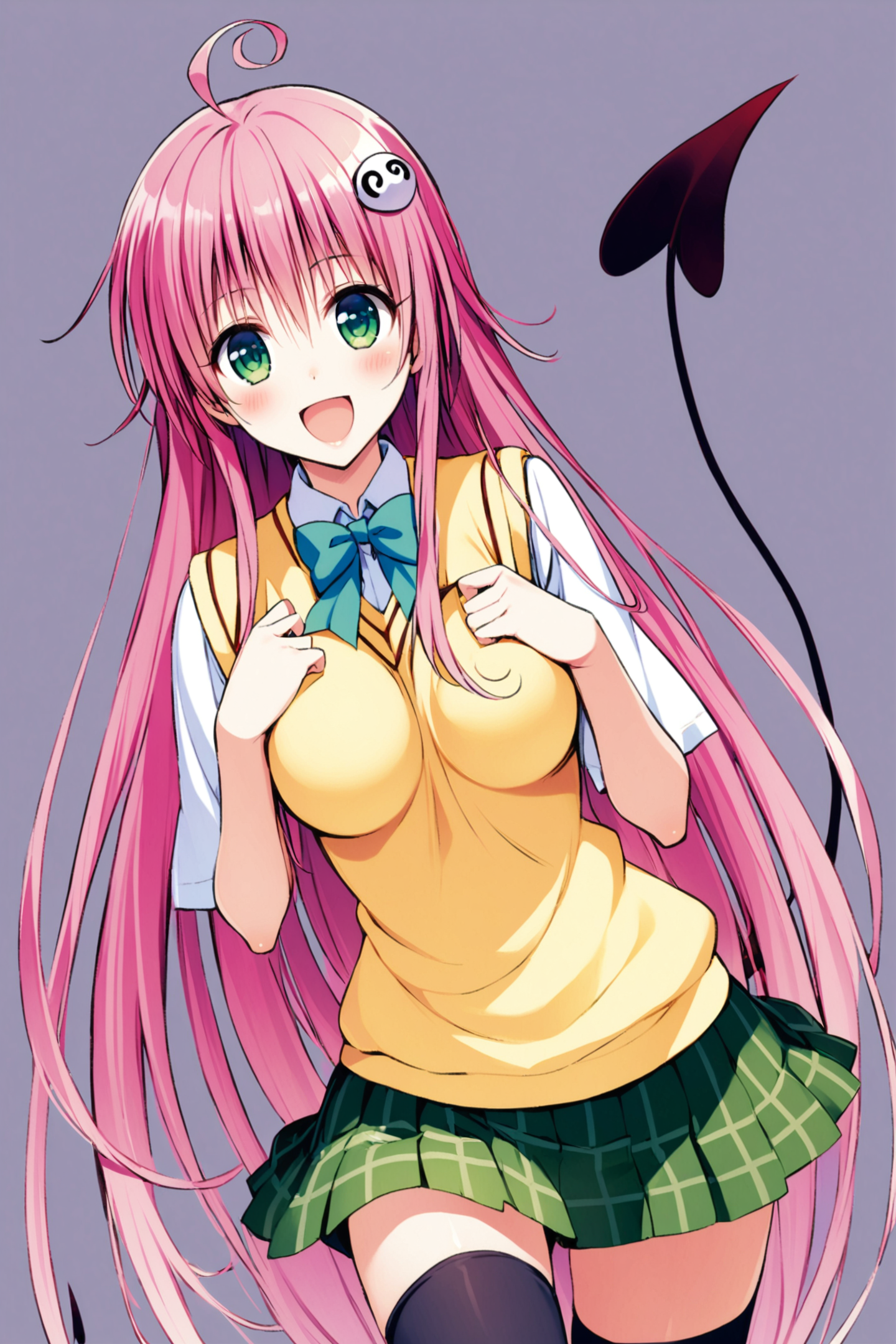 1girl,lala satalin deviluke,solo,long hair,pink hair,school uniform,green eyes,thighhighs,tail,smile,ahoge,skirt,open mouth,demon tail,sweater vest,zettai ryouiki,hair ornament,:d,breasts,black thighhighs,medium breasts,blush,very long hair,<lora:Yabuki Kentarou_XL_V2:0.8>,