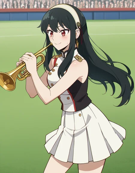 score_9, score_8_up, score_7_up, source_anime, yorbriar, <lora:yor-briar-s1-ponyxl-lora-nochekaiser:1>, yor briar, black hair, red eyes, earrings, white hairband, hairband, long hair, sidelocks, medium breasts,, <lora:band-uniform-ponyxl-lora-nochekaiser:1> band uniform, marching band, shako cap, trumpet, epaulettes, instrument, sleeveless, skirt, white skirt, miniskirt, playing instrument, track and field, blush, smile,, cowboy shot,