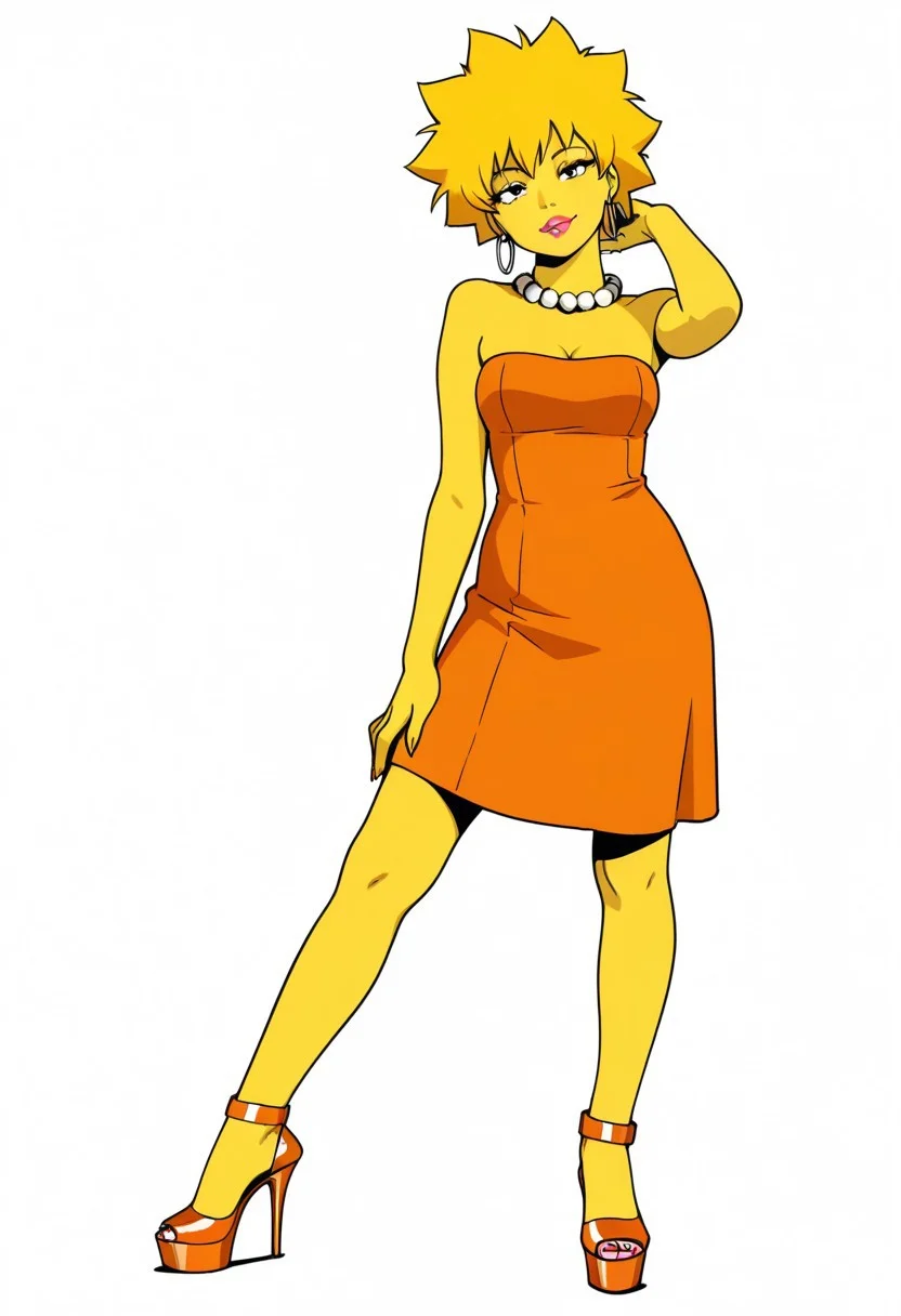 anime coloring, lineless, realistic cartoon,
flat colors, lisa simpson, yellow skin, pearl necklace, orange tube dress, strapless, earrings, lipstick, official art, orange footwear high stiletto heel, ankle straps shoes, tilt head,
Solo, pose, looking at viewer, white background, simple background, masterpiece, best quality, amazing quality, intricate ditails, , attractive exciting, seductive pose,
Standing,she holds a white strig in her right hand