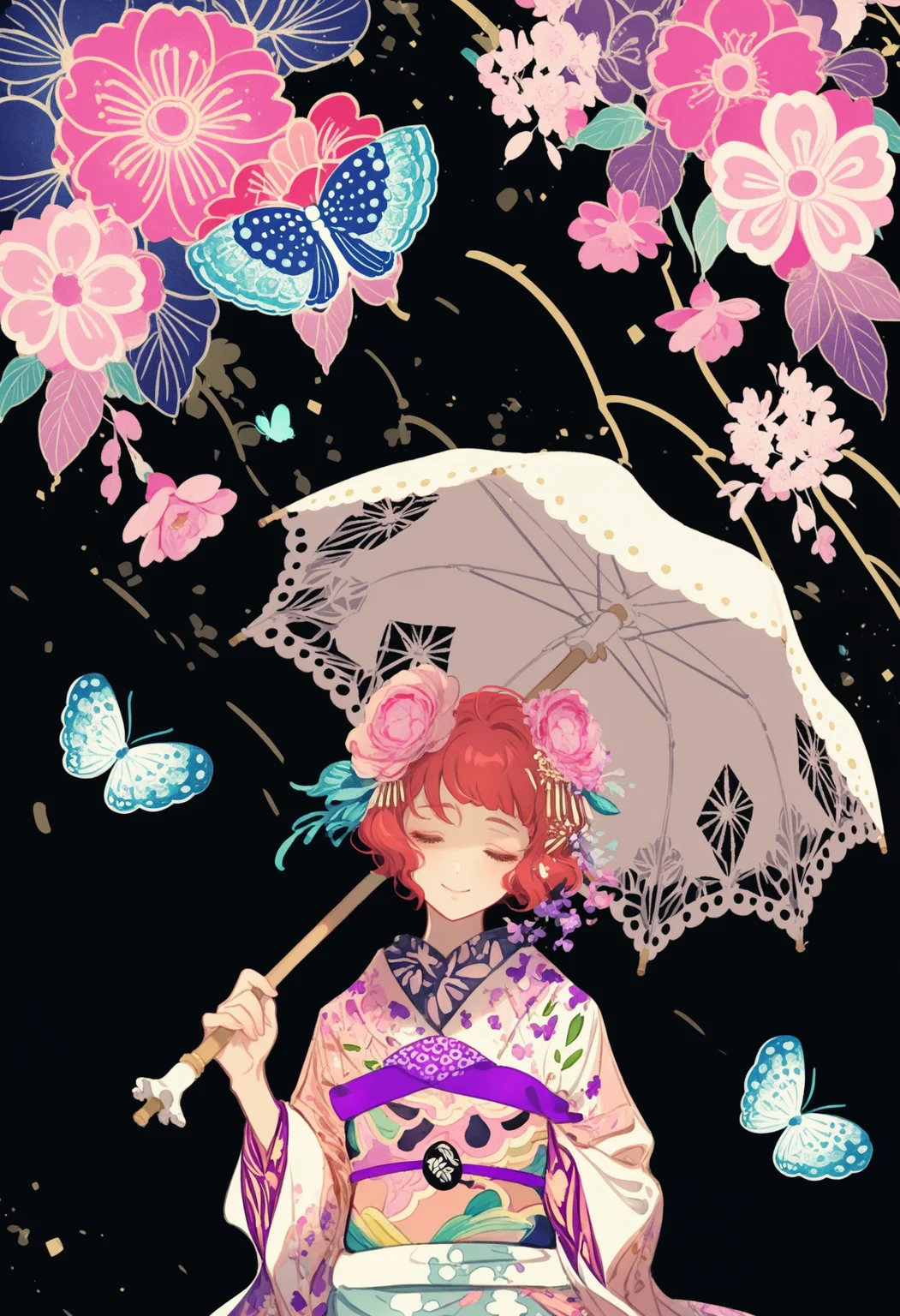 1girl, butterfly, japanese clothes, bug, hair ornament, umbrella, flower, solo, kimono, hair flower, closed eyes, smile, short hair, obi, sash, black background, red hair, holding, holding umbrella, pink flower, floral print, parasol, wide sleeves, blue butterfly, upper body, BREAK,highres,absurdres,masterpiece,newest,best quality,Visual impact,very awa,very aesthetic,amazing quality