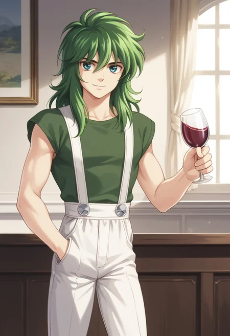 score_9, score_8_up, score_7_up, masterpiece, ANDROMESHUN,SHUNPLAIN, 1boy, slender figure, long wavy green hair, green eyes, green shirt, white overalls, brown shoes, standing pose, holding wine glass, smile, (highly detailed:1.2), (intricate:1.2), (best quality:1.2),(8k:1.2), (sharp:1.2), (majestic:1.2), natural lighting, detail++, indoors, looking at viewer,