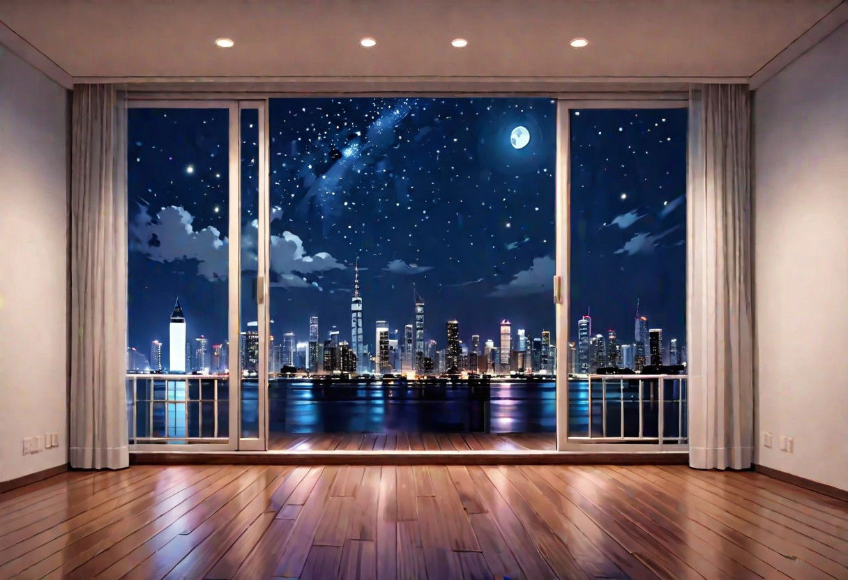 ((((front view)))), Shallow scene, ((animation style)), (((City high-rise building scenery))), ((((City scenery outside the window)))), ((sense of mystery)), (night), starry sky, moonlight, (weak light), (Facing the window), (open window), modern-style interior, Wooden floor, with white walls, (large windows), a living room, sofa and coffee table by the window sill,  (((Sofa placed horizontally))), (Behind the sofa is the window sill),