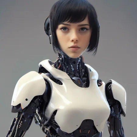 FUNDING, future, concept robot, black robot 1girl, solo, looking at viewer, short hair, simple background, black hair, white background, lips, portrait, science fiction, realistic, android, cyborg, cyberpunk, mechanical parts,<lora:FN_WeiLai-000005:1>,1girl,