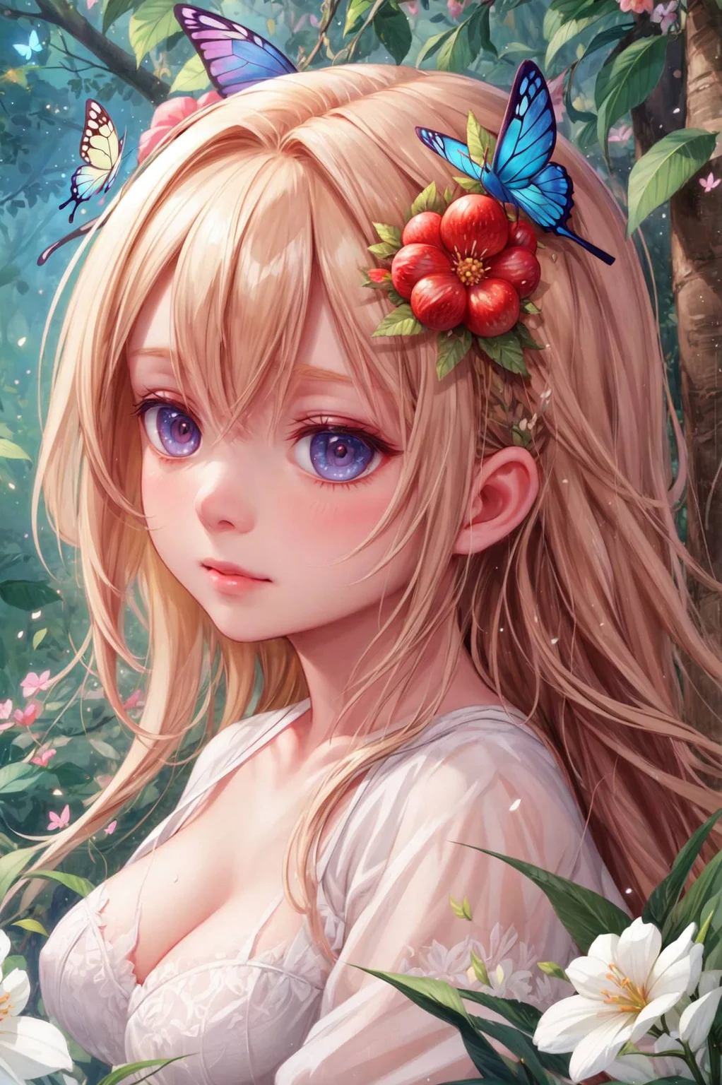 <lora:Tool - Detail up:0.5>, portrait, masterpiece, best quality, ultra-detailed, floating, beautiful detailed eyes, detailed light, fruits, flowers, colorful, garden, colorful background, forest, bird, butterfly,