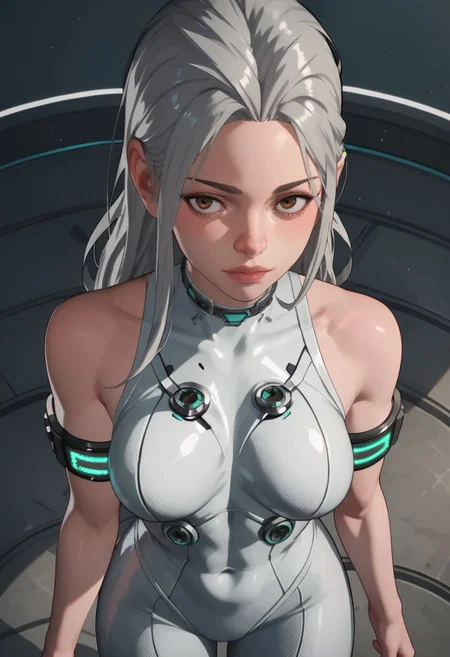 score_9, score_8_up, score_7_up, score_6_up, diaplug, 1girl, grey hair, white bodysuit, armband, long hair, fit, from above,  <lora:DiaTFD:1> <lora:Expressive_H:0.8> Expressiveh