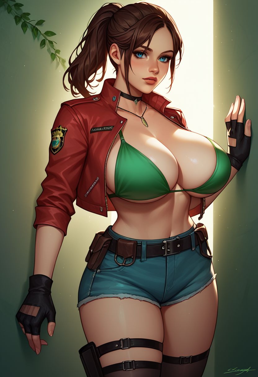 score_9, score_8_up, score_7_up, western cartoon, volumetric lighting, dramatic lighting, g0thicPXL, fFaceDetail, ultra detailed, beautiful face, (green ambient light:1.5), (big breasts:1.5), (1 girl:1.5), claire redfield, brown hair, ponytail, blue eyes, (police uniform:1.5), long sleeves, (bikini bra:1.5), (eyeshadow), (blue thigh highs), (cotton legwear:1.5), (black legwear:1.5), earrings, beautiful eyes, (tactical boots:1.5), (jean shorts:1.5), (military encampment:1.5), (choker), (ambient lighting), (fingerless gloves:1.5), (leg strap:1.5), (tactical belt:1.5), (focused expression:1.5), (training:1.5), (red jacket:1.5), (standing:1.5), (next to wall:1.5)