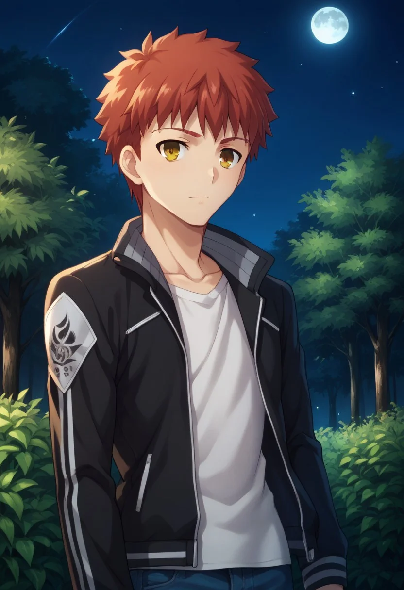 score_9, score_8_up, score_7_up, source_anime, highly detailed,
shirouemiya, 1boy, male focus, solo, upper body, pants, jeans, jacket, denim, shirt,
tachi-e, looking at viewer, red hair, yellow eyes, white shirt, blue pants,
outdoor, trees, night, moon,