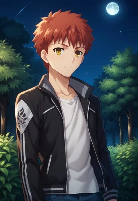 score_9, score_8_up, score_7_up, source_anime, highly detailed,
shirouemiya, 1boy, male focus, solo, upper body, pants, jeans, jacket, denim, shirt,
tachi-e, looking at viewer, red hair, yellow eyes, white shirt, blue pants,
outdoor, trees, night, moon,