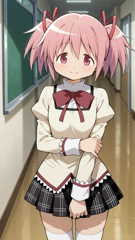 smile, school, mitakihara school, cowboy shot,, masterpiece, best quality, amazing quality, very aesthetic, absurdres, newest, anime screencap, <lora:kanamemadokaILM:1>, kaname madoka, hair bow, pink eyes, pink hair, short hair, twintails, short twintails, bow, pink bow, blush, mitakihara school uniform, black skirt, yellow shirt, bow, bowtie, collared shirt, high collar, juliet sleeves, lace-trimmed shirt, lace-trimmed sleeves, lace trim, long sleeves, miniskirt, plaid clothes, plaid skirt, pleated skirt, pocket, puffy sleeves, red bow, red bowtie, white wrist cuffs, wrist cuffs, thighhighs, white thighhighs, shoes, brown shoes, zettai ryouiki,