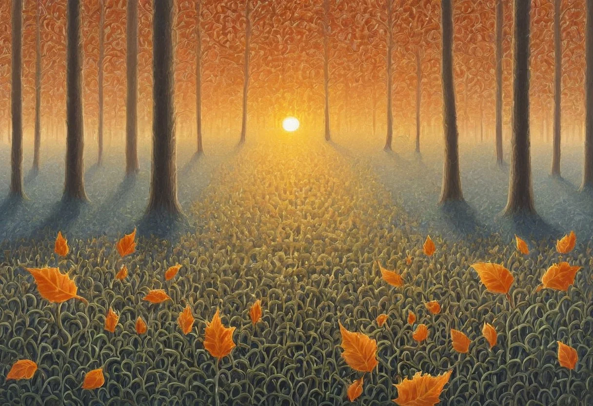 entangled, forest, intricate vines, sunset, flowers, autumn leafs orange peel, orange illumination
