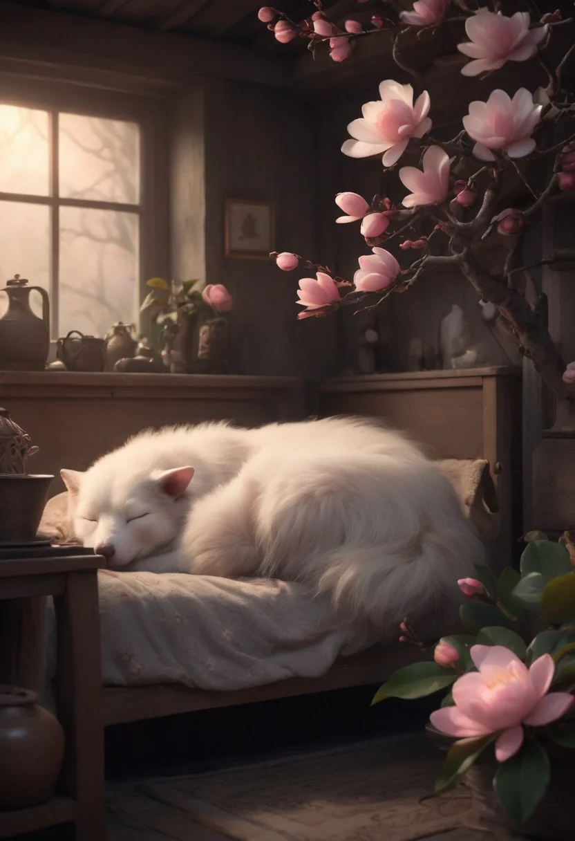 mystical cryptid sleeping in dimly lit cottage, cute and noble appearance, ethereal smoke, dof, blooming magnolia, peach blossom, camellia