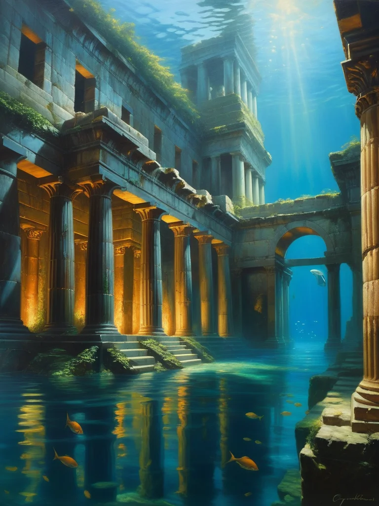 <lora:07RomanticismArt_Hap_XL:1>, romanticism oil painting, oil painting, underwater image of a ancient city, glowing, by Greg Rutkowskiï¼