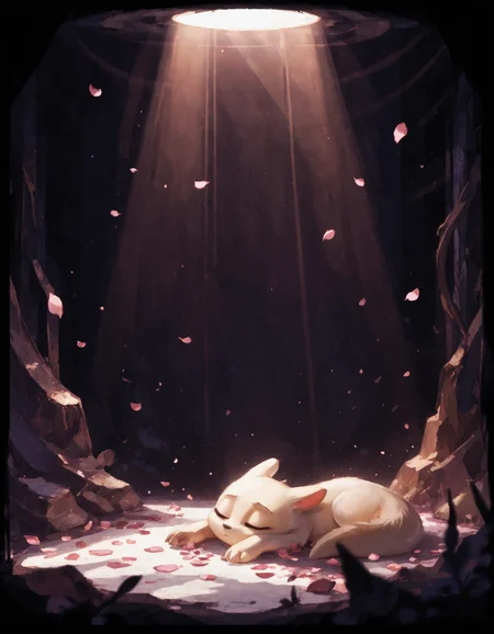 score_9, score_8_up, score_7_up, concept art, falling petals, slugcat, sleeping, spotlight, <lora:Rainworld_paintings_artstyle_sdxl:.7> ,